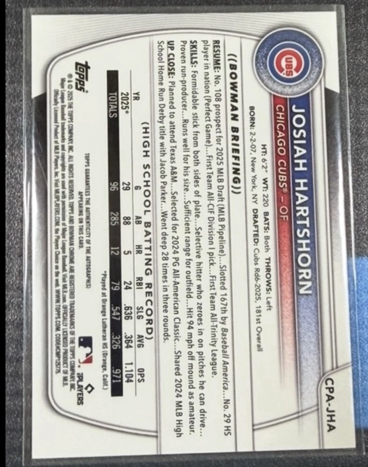2025 Bowman Chrome Josiah Hartshorn Blue Refractor /150 1st Auto view 2