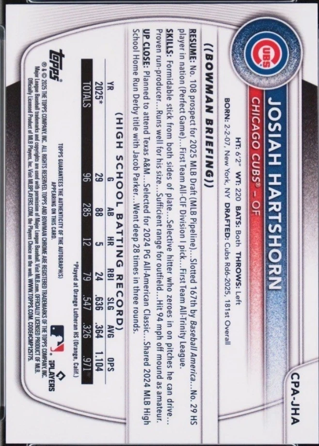 2025 Bowman Draft Chrome Josiah Hartshorn 1st Auto Red Lava Refractor /5 Cubs view 2